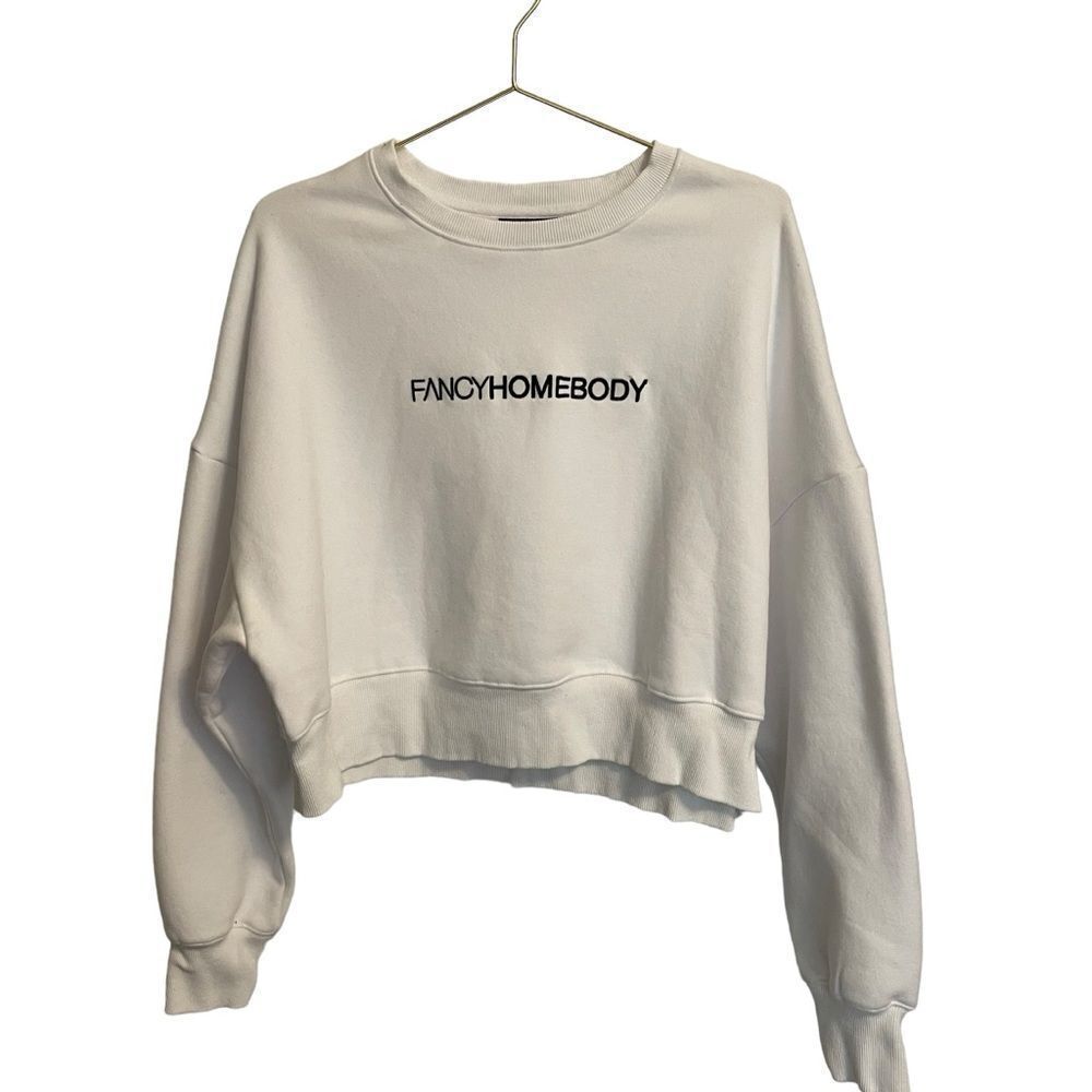 Fancy Homebody White Cropped Sweatshirt Embroidered Logo Small Mens Womens